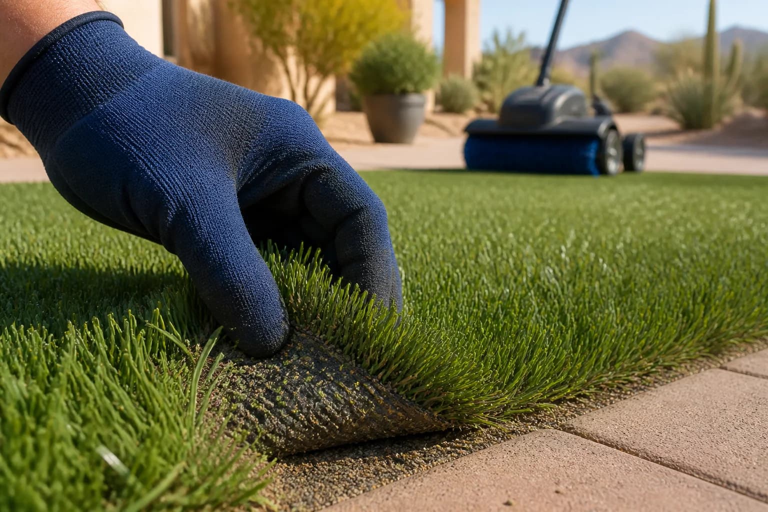 Technician inspecting artificial turf fibers and infill before cleaning